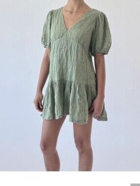 ABERCROMBIE AND FITCH Puff Sleeve Trapeze Olive Green Mini Dress Size XS
